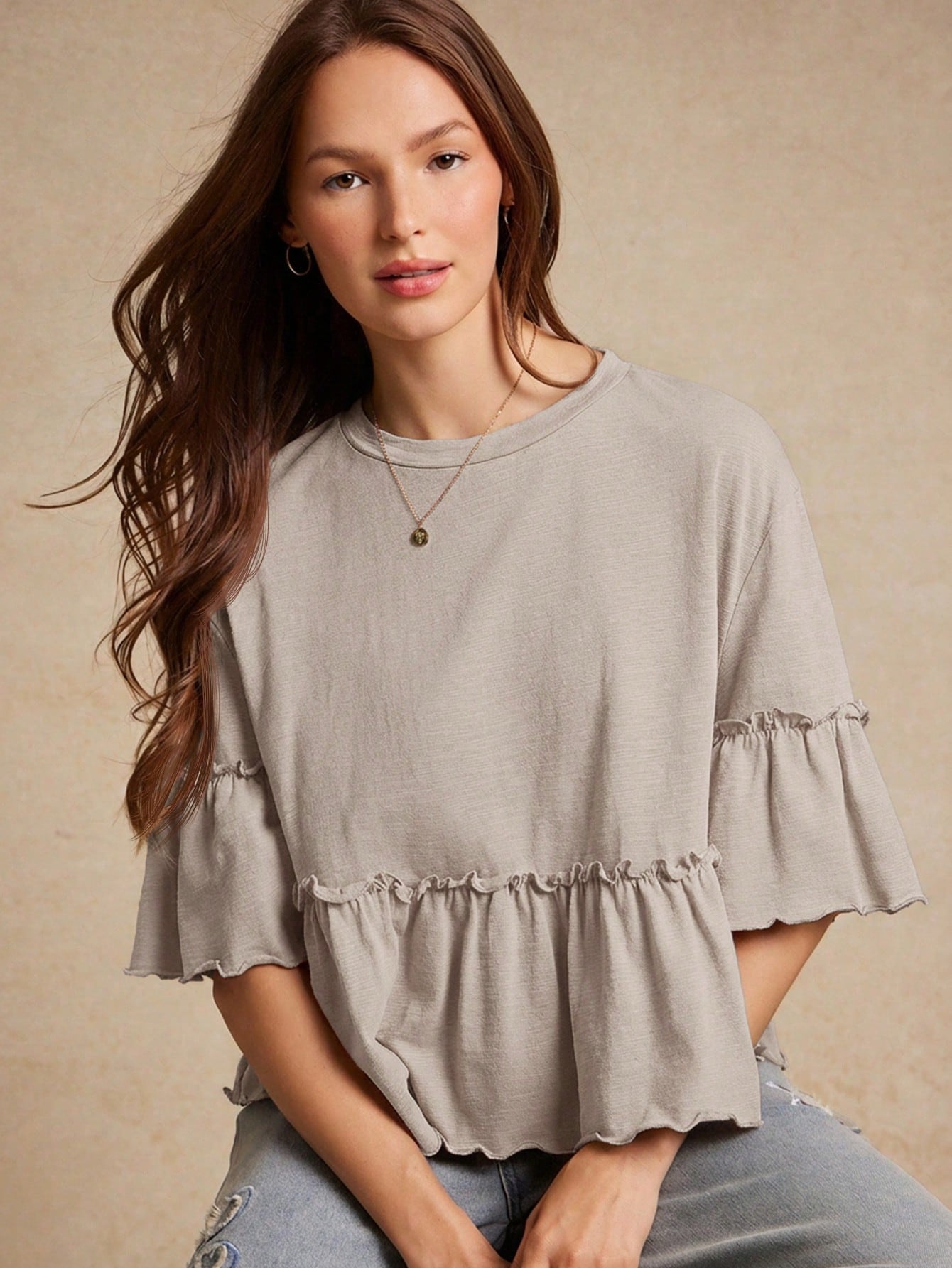 WESTFADE Slub Knit Crewneck Ruffle Sleeve Peplum T-Shirt, Back To School, Cute, Fall, Country Concert, Female Country Look, Casual, Cowgirl