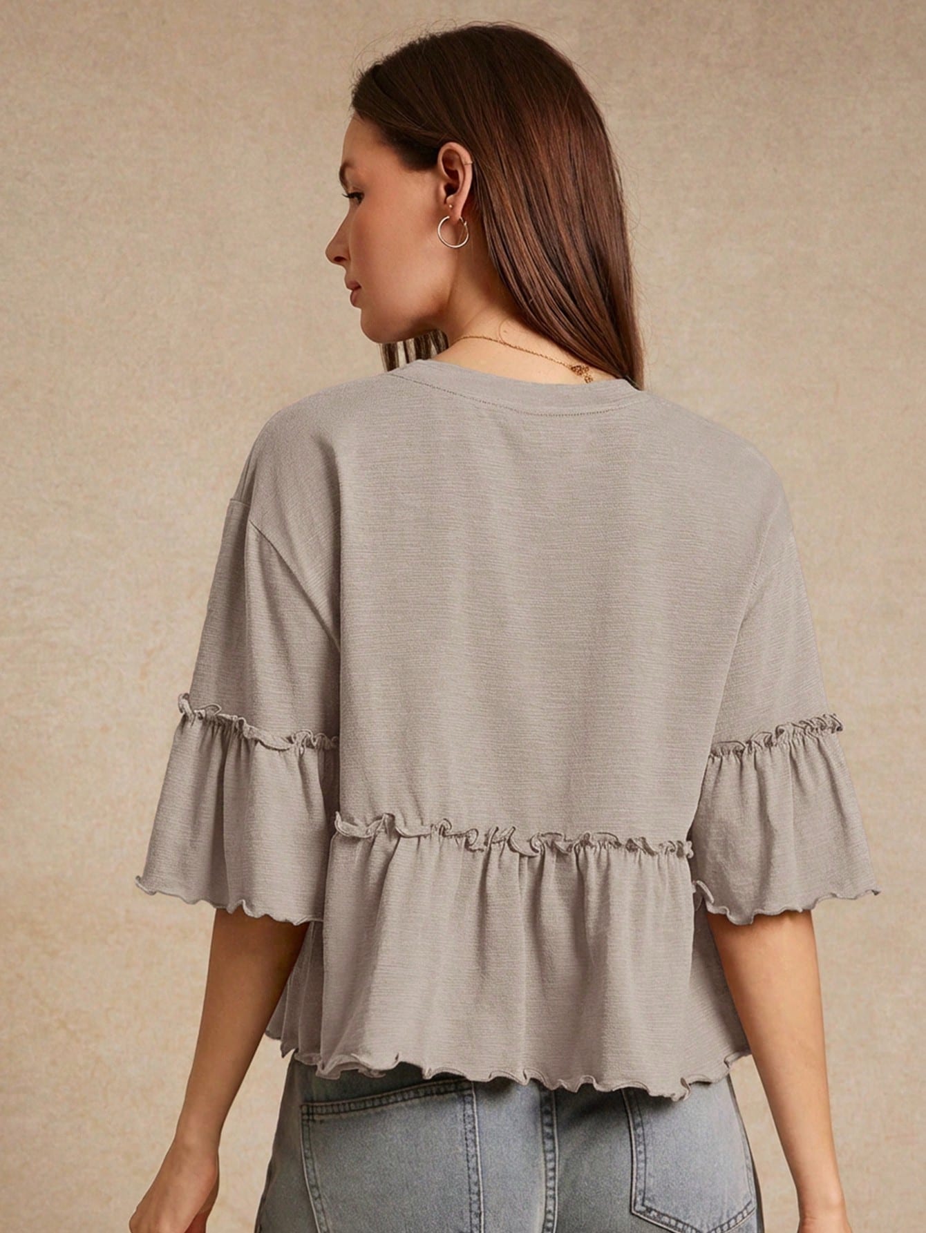 WESTFADE Slub Knit Crewneck Ruffle Sleeve Peplum T-Shirt, Back To School, Cute, Fall, Country Concert, Female Country Look, Casual, Cowgirl