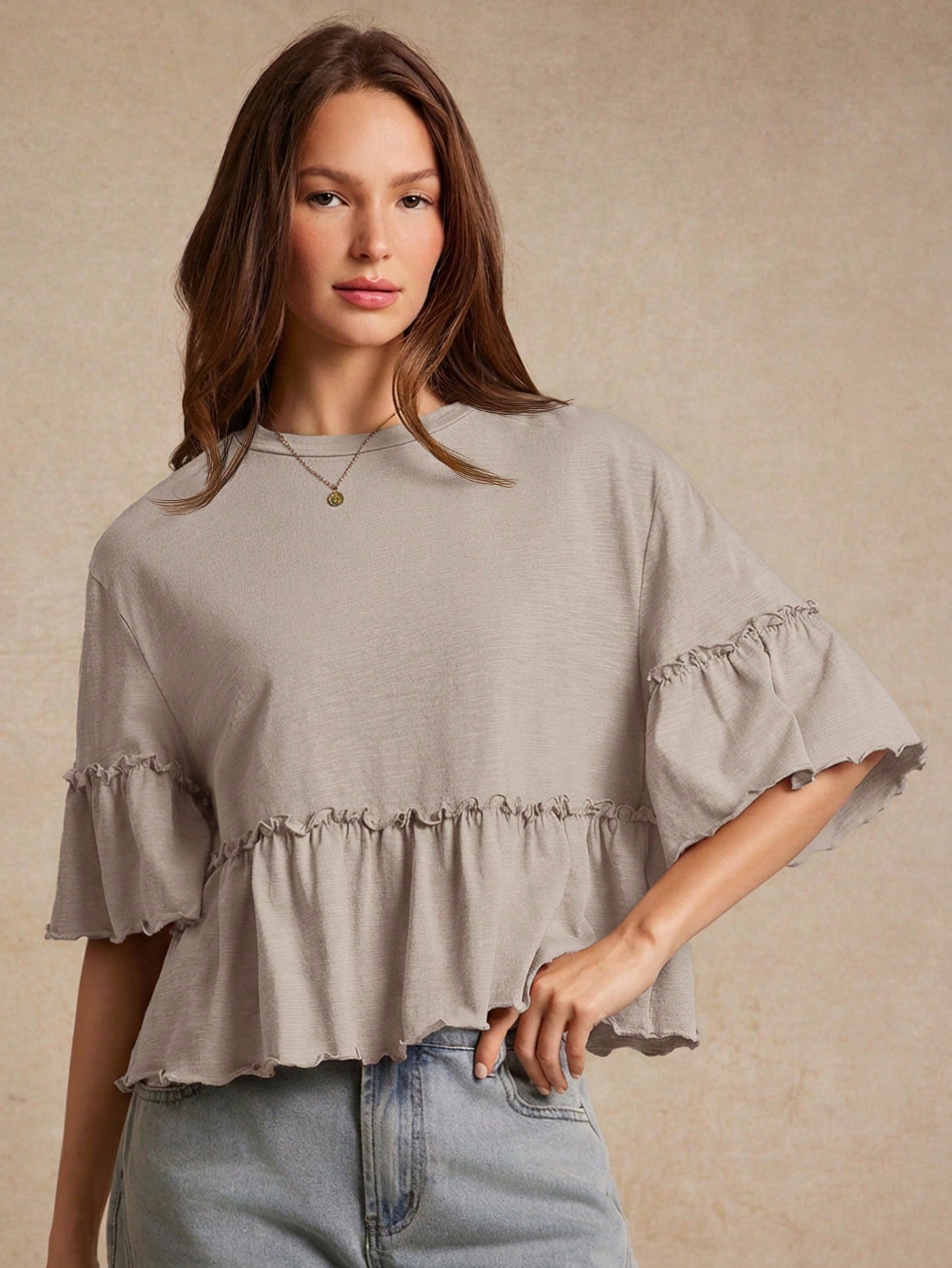 WESTFADE Slub Knit Crewneck Ruffle Sleeve Peplum T-Shirt, Back To School, Cute, Fall, Country Concert, Female Country Look, Casual, Cowgirl