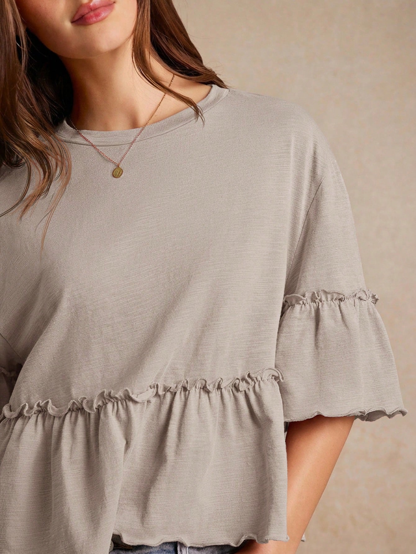 WESTFADE Slub Knit Crewneck Ruffle Sleeve Peplum T-Shirt, Back To School, Cute, Fall, Country Concert, Female Country Look, Casual, Cowgirl