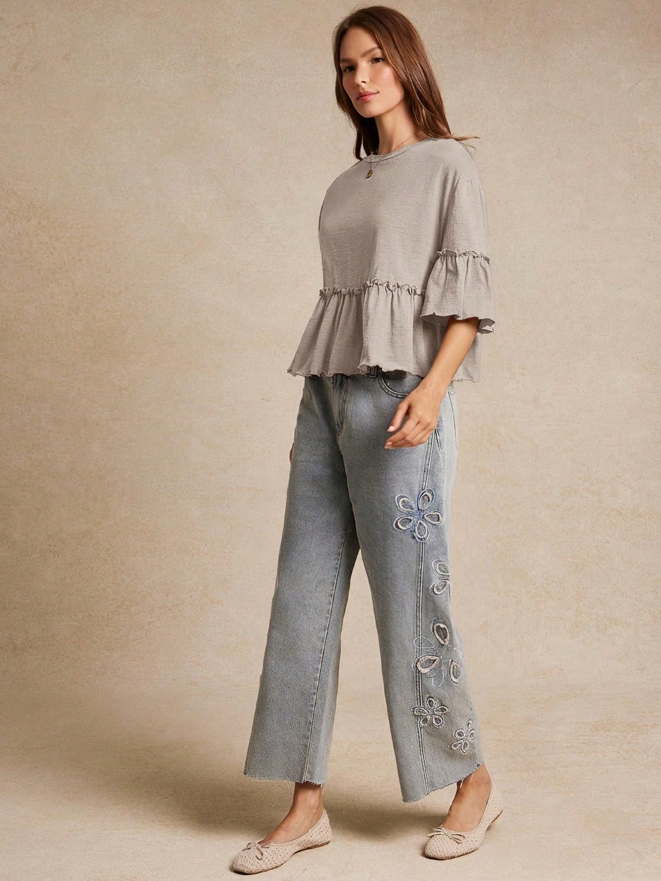 WESTFADE Slub Knit Crewneck Ruffle Sleeve Peplum T-Shirt, Back To School, Cute, Fall, Country Concert, Female Country Look, Casual, Cowgirl