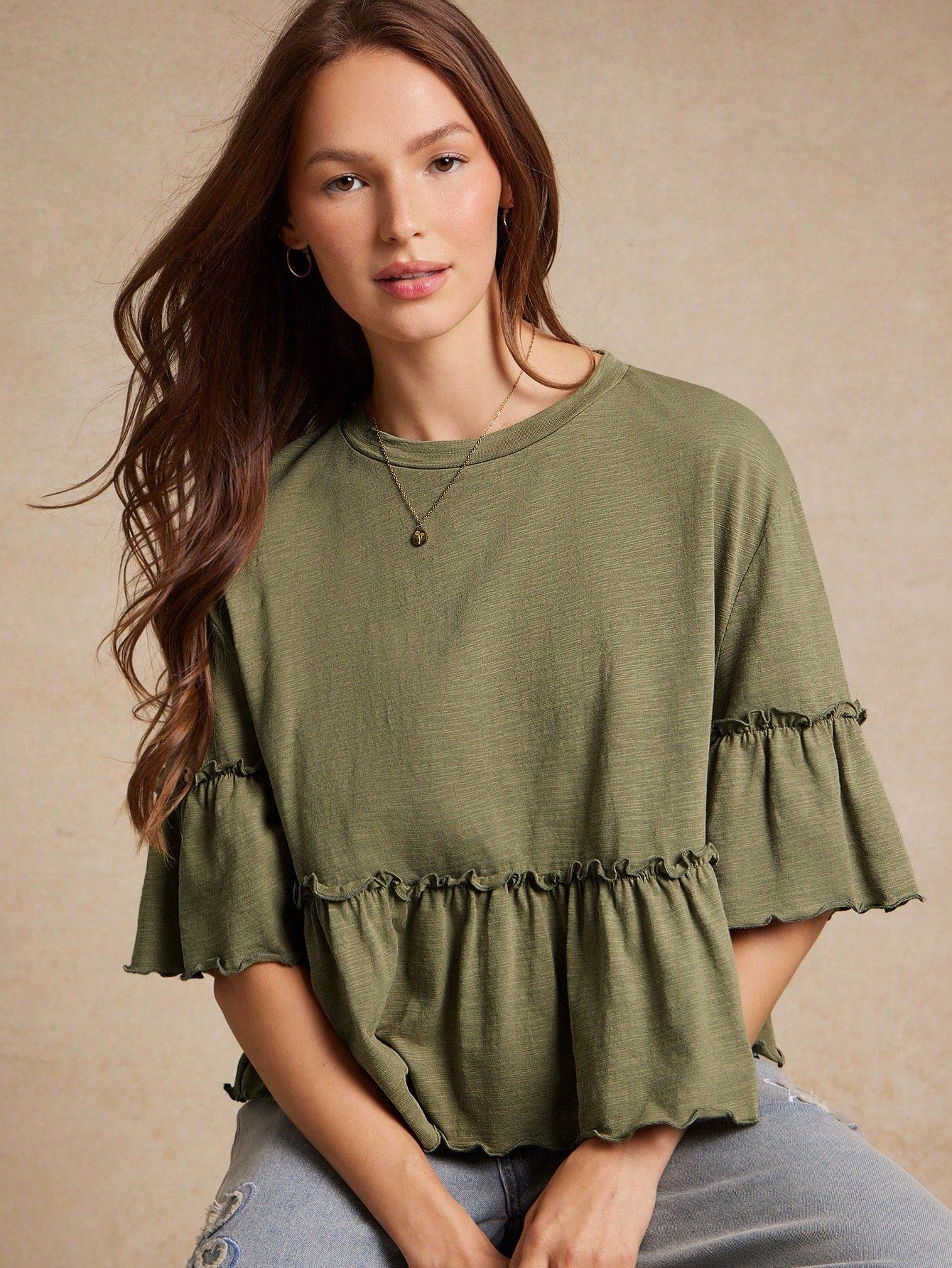 WESTFADE Slub Knit Crewneck Ruffle Sleeve Peplum T-Shirt, Back To School, Cute, Fall, Country Concert, Female Country Look, Casual, Cowgirl