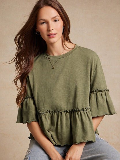 WESTFADE Slub Knit Crewneck Ruffle Sleeve Peplum T-Shirt, Back To School, Cute, Fall, Country Concert, Female Country Look, Casual, Cowgirl
