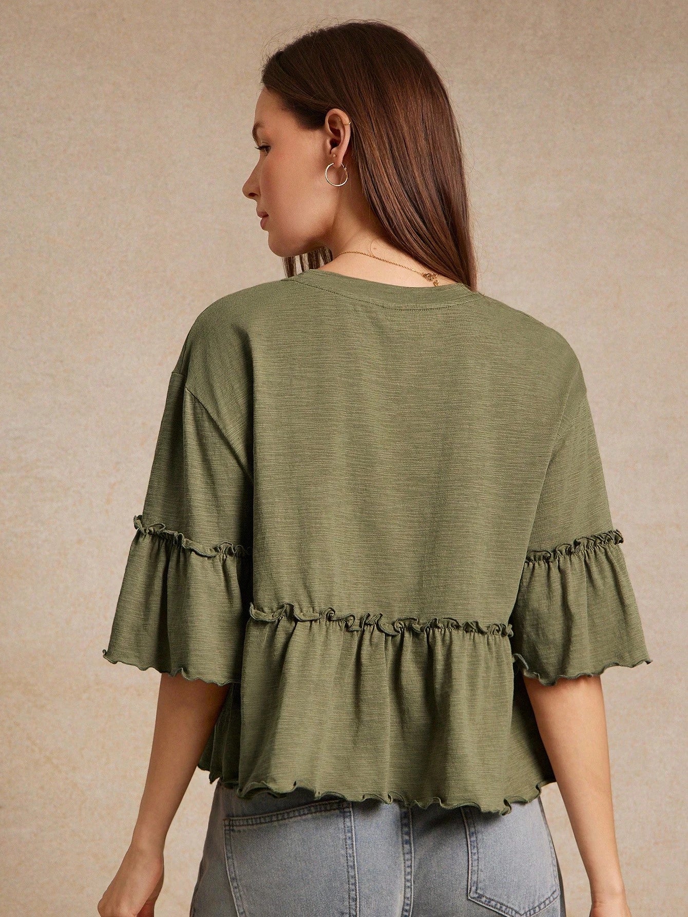 WESTFADE Slub Knit Crewneck Ruffle Sleeve Peplum T-Shirt, Back To School, Cute, Fall, Country Concert, Female Country Look, Casual, Cowgirl