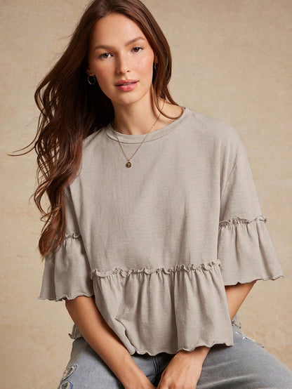 WESTFADE Slub Knit Crewneck Ruffle Sleeve Peplum T-Shirt, Back To School, Cute, Fall, Country Concert, Female Country Look, Casual, Cowgirl