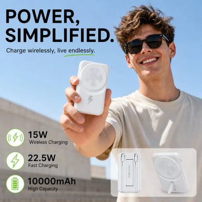 White 10000mAh Magnetic Portable Battery With 15W Wireless And 22.5W Fast Charge Output, With Digital Battery Indicator, Slim Rectangular Case And Kickstand For Desk Or Bedside Use, Made For Magnetic