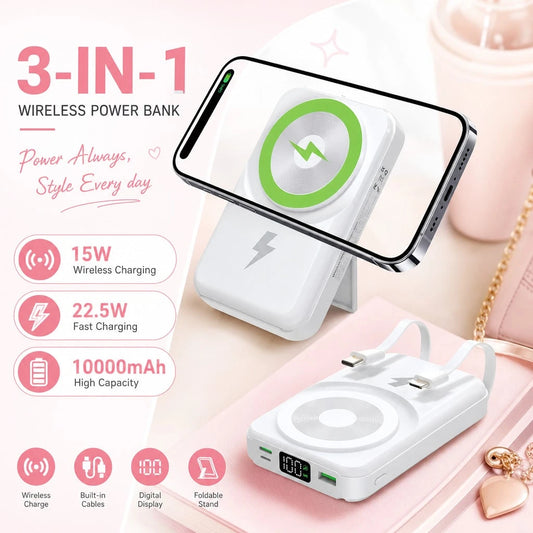 White 10000mAh Magnetic Portable Battery With 15W Wireless And 22.5W Fast Charge Output, With Digital Battery Percentage Display, Fold-Out Kickstand And Green Circular Magnetic Pad, Compatible With IP