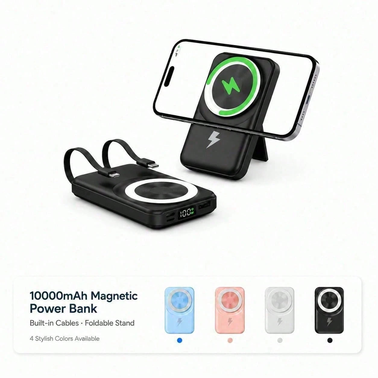 White 10000mAh Magnetic Portable Battery With 15W Wireless And 22.5W Fast Charge Output, With Digital Battery Indicator, Slim Rectangular Case And Kickstand For Desk Or Bedside Use, Made For Magnetic