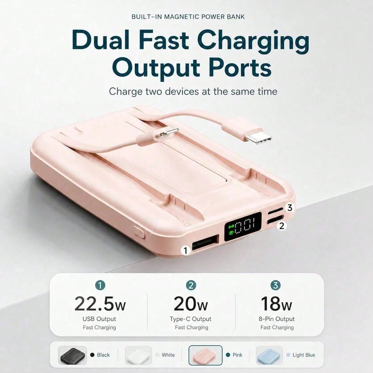 White 10000mAh Magnetic Portable Battery With 15W Wireless And 22.5W Fast Charge Output, With Digital Battery Indicator, Slim Rectangular Case And Kickstand For Desk Or Bedside Use, Made For Magnetic