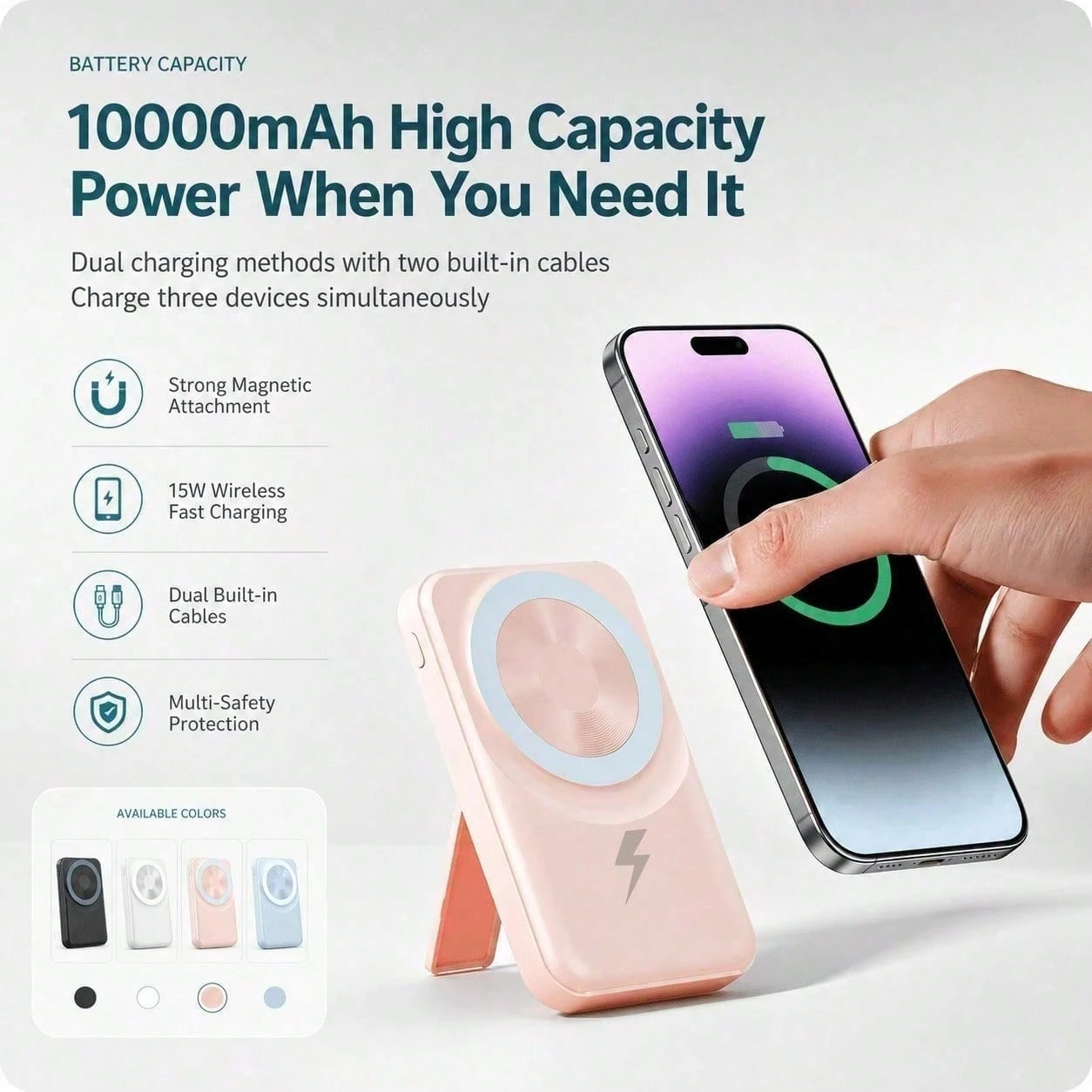 White 10000mAh Magnetic Portable Battery With 15W Wireless And 22.5W Fast Charge Output, With Digital Battery Indicator, Slim Rectangular Case And Kickstand For Desk Or Bedside Use, Made For Magnetic