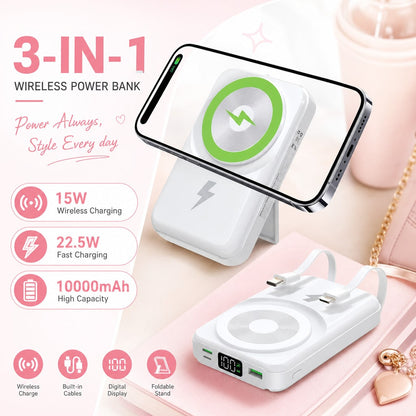White 10000mAh Magnetic Portable Battery With 15W Wireless And 22.5W Fast Charge Output, With Digital Battery Percentage Display, Fold-Out Kickstand And Green Circular Magnetic Pad, Compatible With IP
