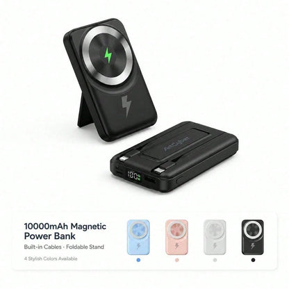 White 10000mAh Magnetic Power Bank With 15W Wireless And 22.5W Fast Charge Support, With Clear Remaining-Power Screen, Green Magnetic Ring And Adjustable Folding Support, Designed For IPhone 16, 15, 1