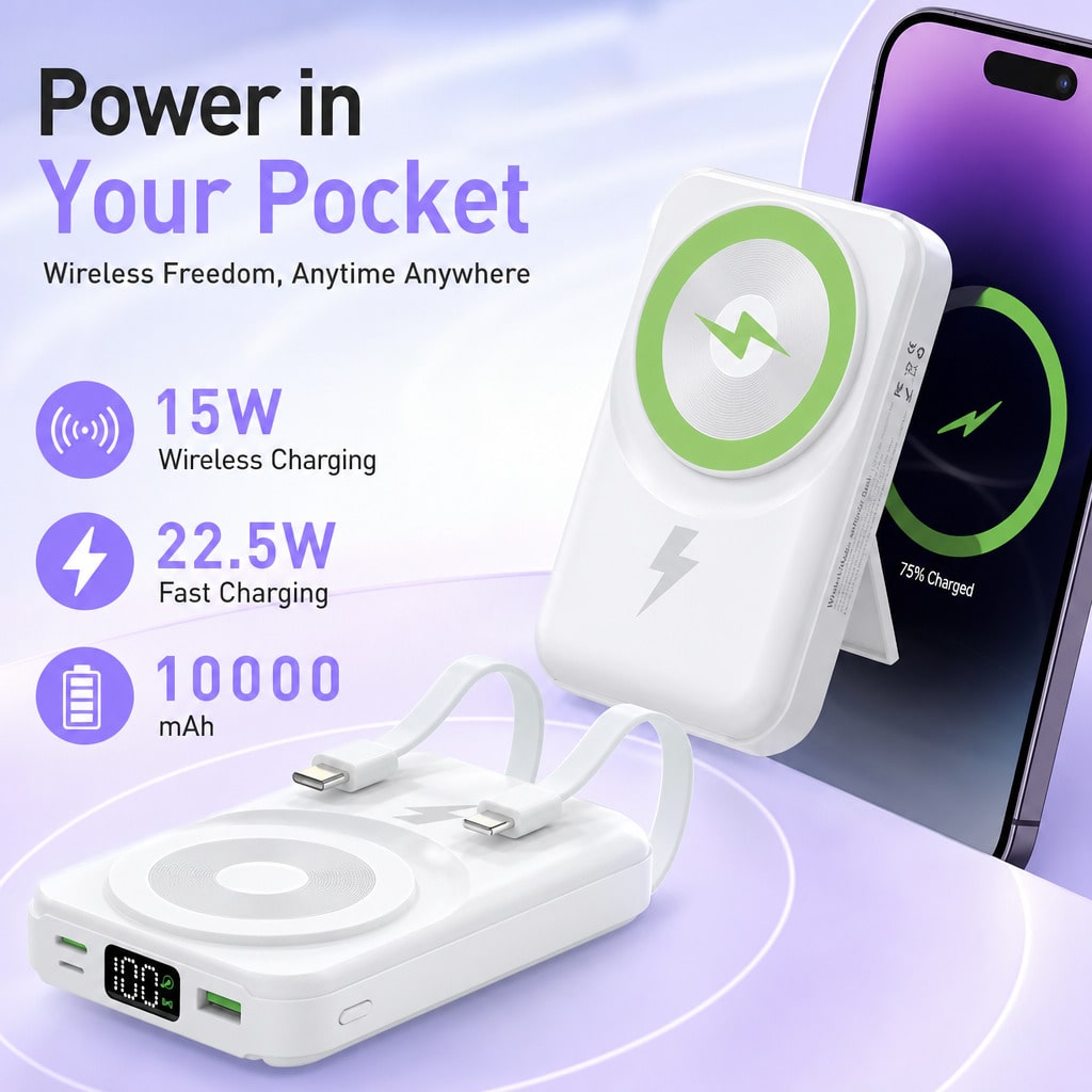White 10000mAh Magnetic Power Bank With 15W Wireless And 22.5W Fast Charge Support, With Clear Remaining-Power Screen, Green Magnetic Ring And Adjustable Folding Support, Designed For IPhone 16, 15, 1