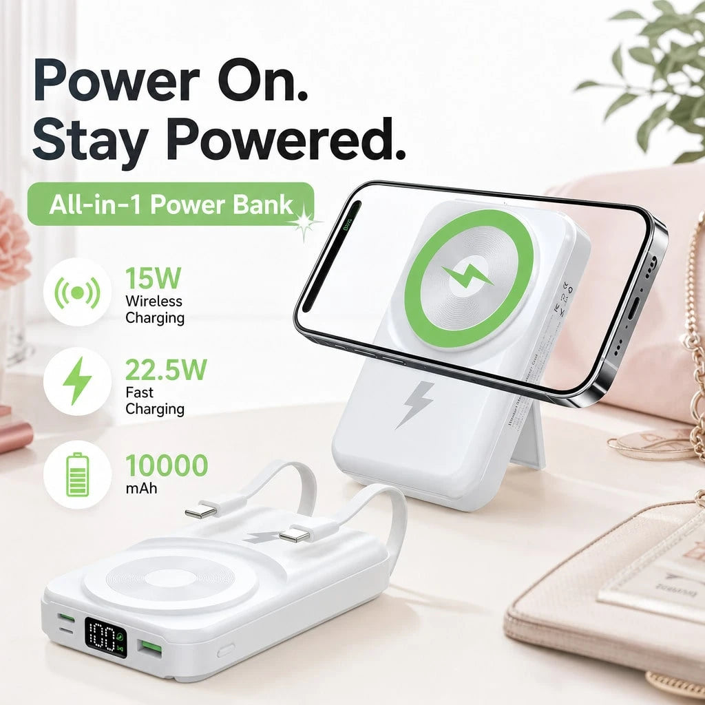 White 10000mAh Magnetic Wireless Battery Pack With 15W Output And 22.5W Fast Charging, Featuring A Digital Battery Level Display, White Rectangular Body And Practical Kickstand, Made For Magnetic-Read