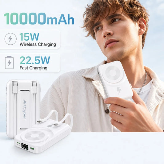 White 10000mAh Magnetic Wireless Battery Pack With 15W Output And 22.5W Fast Charging, Featuring An LED Power Readout, Slim White Shell And Rear Stand For Hands-Free Viewing, Compatible With Selected