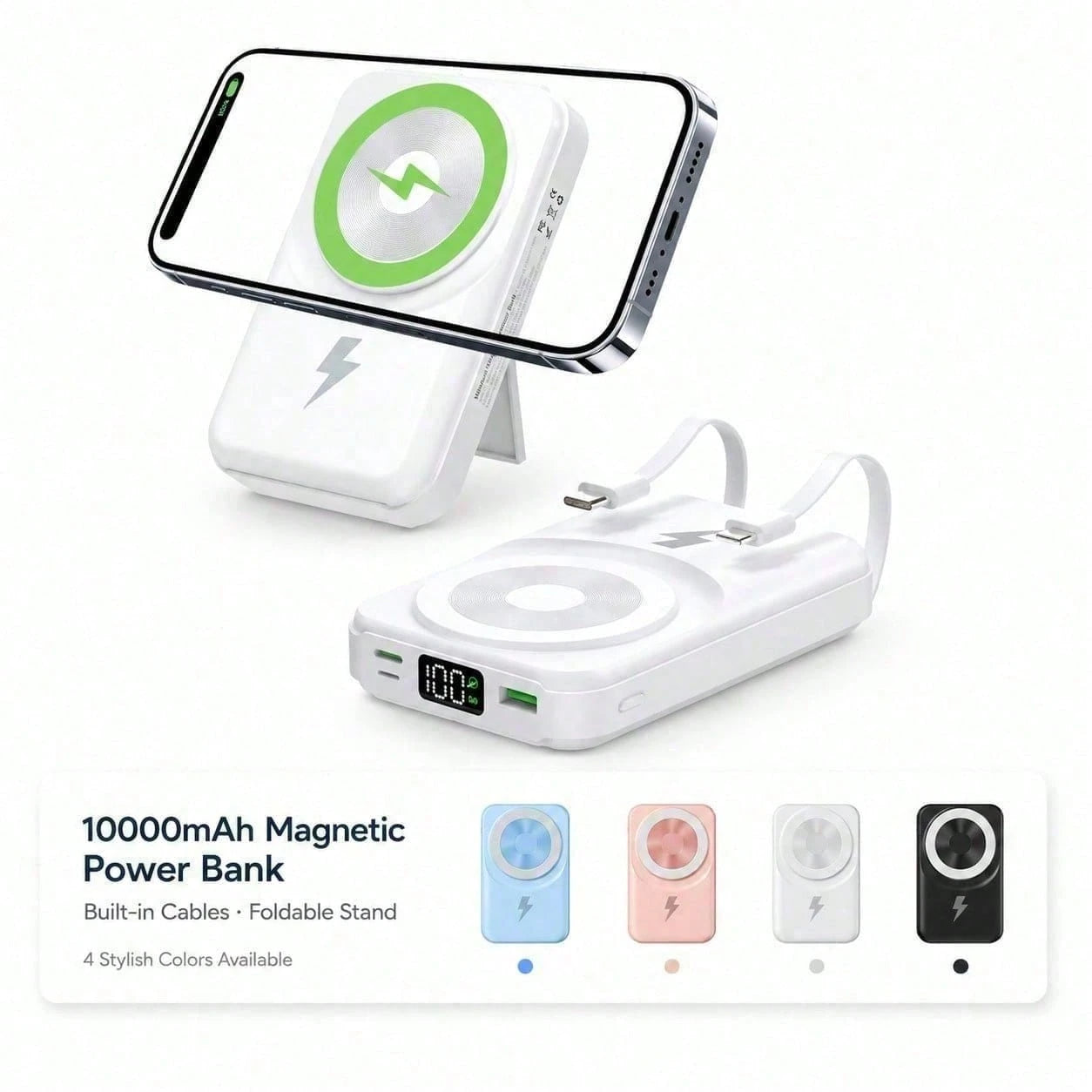 White 10000mAh Magnetic Wireless Power Bank With 15W Wireless And 22.5W Fast Charging, Featuring A Visible Power Percentage Screen, Green Ring Detail And Rear Fold-Out Stand, Compatible With Supported