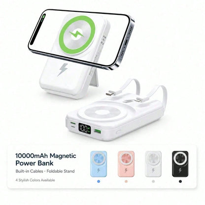 White 10000mAh Magnetic Wireless Power Bank With 15W Wireless And 22.5W Fast Charging, Featuring A Visible Power Percentage Screen, Green Ring Detail And Rear Fold-Out Stand, Compatible With Supported