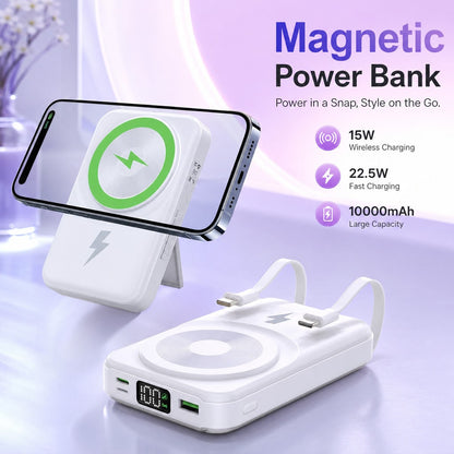 White 10000mAh Magnetic Wireless Power Bank With 15W Wireless And 22.5W Fast Charging, Featuring A Visible Power Percentage Screen, Green Ring Detail And Rear Fold-Out Stand, Compatible With Supported