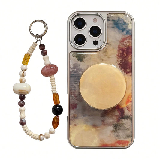 White Marble Texture Stand Phone Case GUCADI 1pc Electroplated Silver Edged High-End Tie Dye Brown Marble Texture + Yellow Stone Round Holder + Amber White Faux Pearl Cord Personalized Retro Niche Har