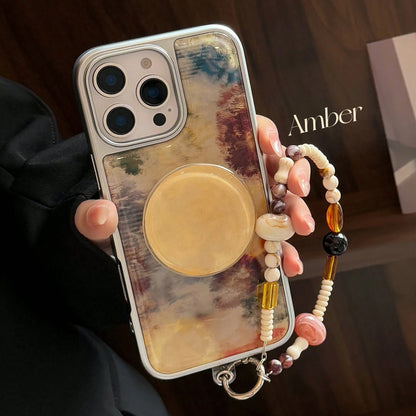 White Marble Texture Stand Phone Case GUCADI 1pc Electroplated Silver Edged High-End Tie Dye Brown Marble Texture + Yellow Stone Round Holder + Amber White Faux Pearl Cord Personalized Retro Niche Har