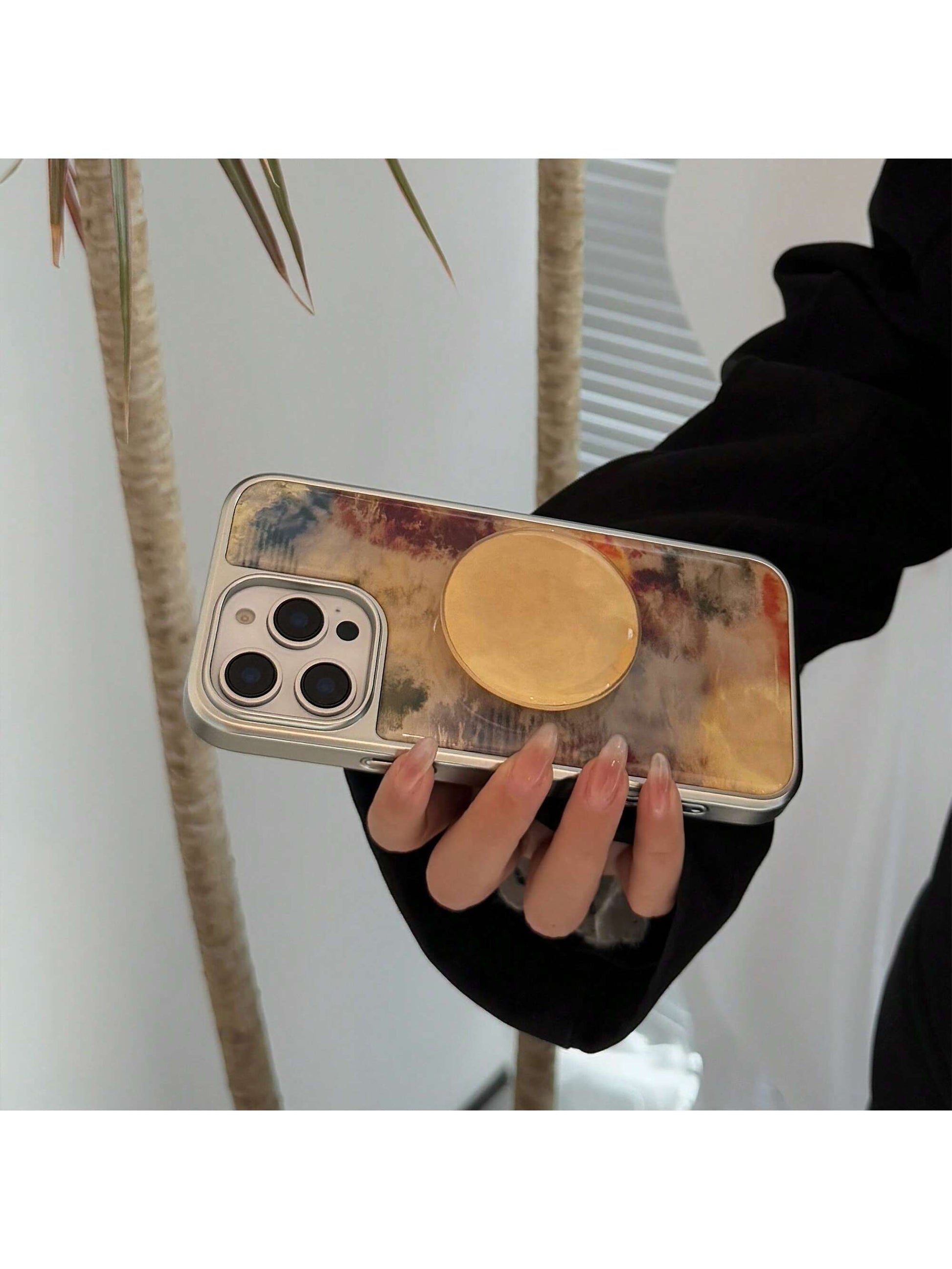 White Marble Texture Stand Phone Case GUCADI 1pc Electroplated Silver Edged High-End Tie Dye Brown Marble Texture + Yellow Stone Round Holder + Amber White Faux Pearl Cord Personalized Retro Niche Har