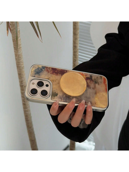 White Marble Texture Stand Phone Case GUCADI 1pc Electroplated Silver Edged High-End Tie Dye Brown Marble Texture + Yellow Stone Round Holder + Amber White Faux Pearl Cord Personalized Retro Niche Har