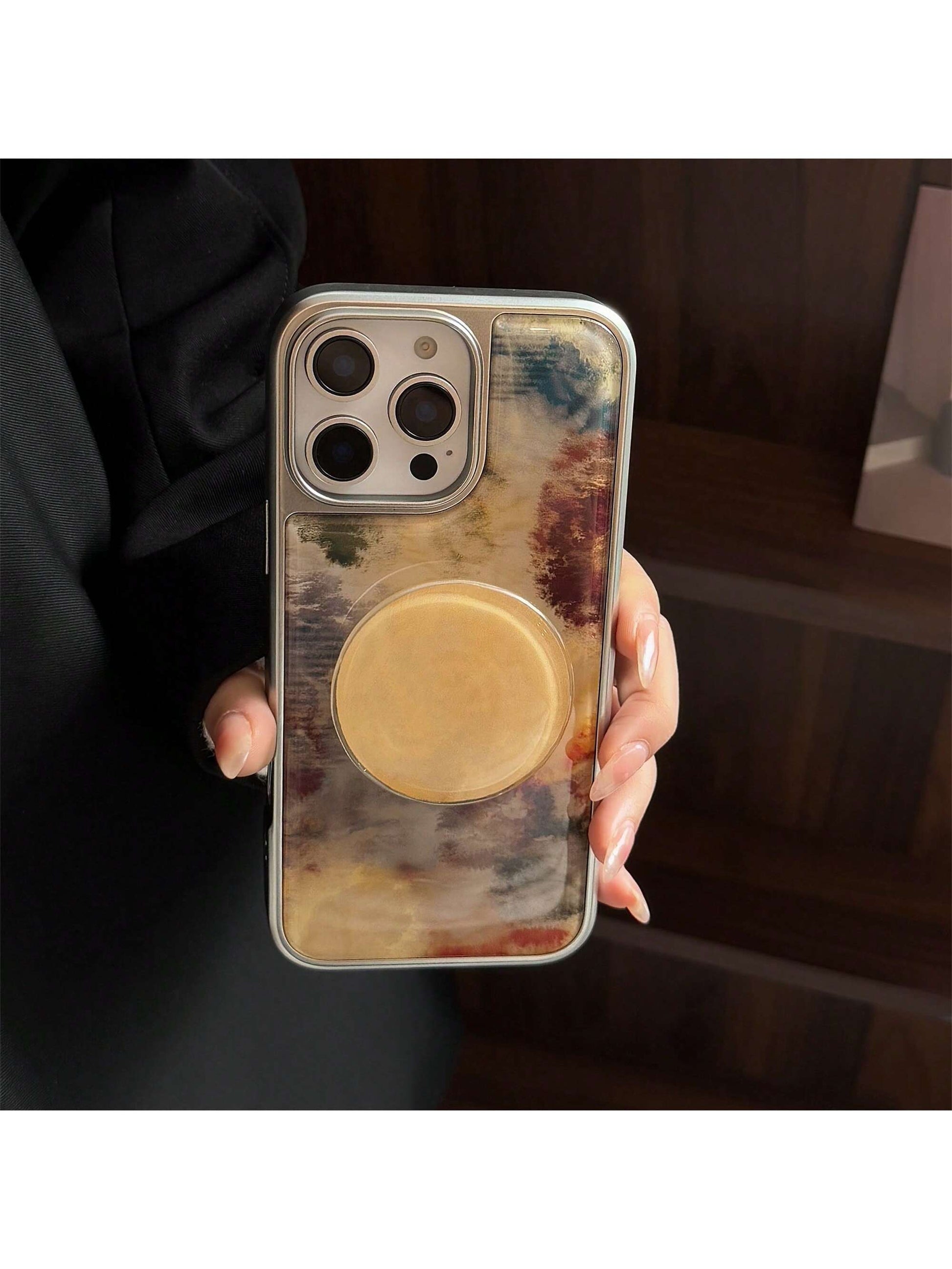 White Marble Texture Stand Phone Case GUCADI 1pc Electroplated Silver Edged High-End Tie Dye Brown Marble Texture + Yellow Stone Round Holder + Amber White Faux Pearl Cord Personalized Retro Niche Har