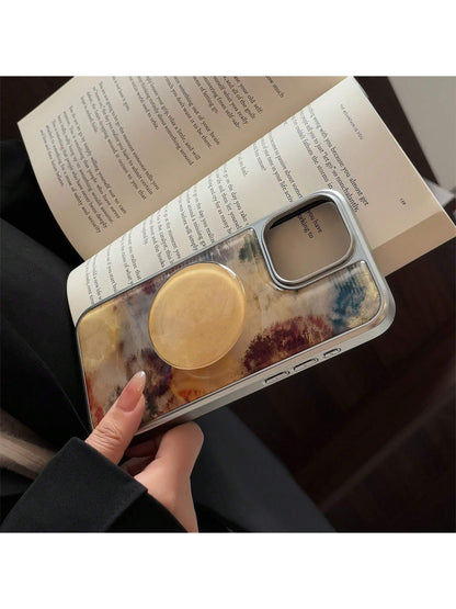 White Marble Texture Stand Phone Case GUCADI 1pc Electroplated Silver Edged High-End Tie Dye Brown Marble Texture + Yellow Stone Round Holder + Amber White Faux Pearl Cord Personalized Retro Niche Har