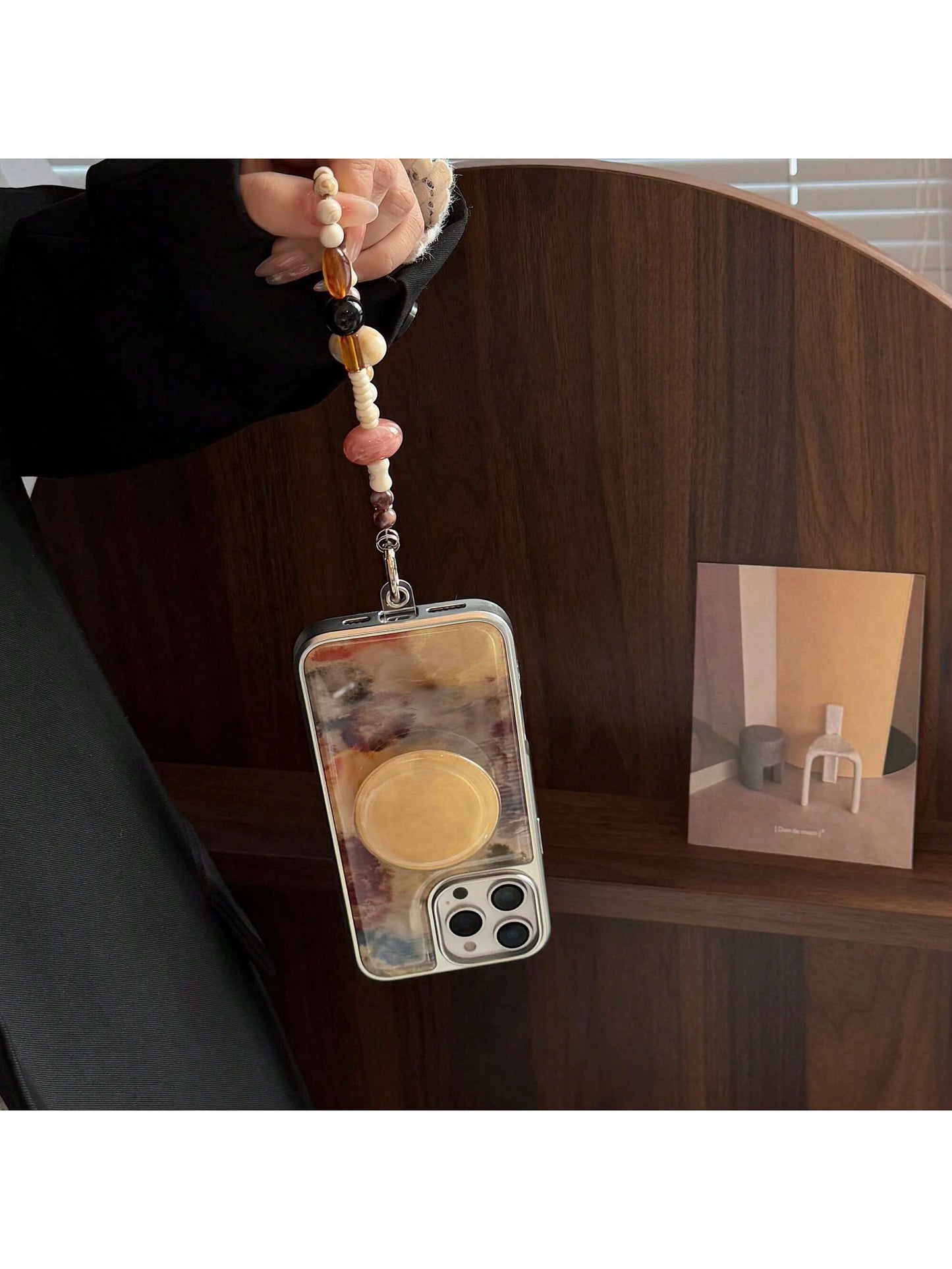 White Marble Texture Stand Phone Case GUCADI 1pc Electroplated Silver Edged High-End Tie Dye Brown Marble Texture + Yellow Stone Round Holder + Amber White Faux Pearl Cord Personalized Retro Niche Har