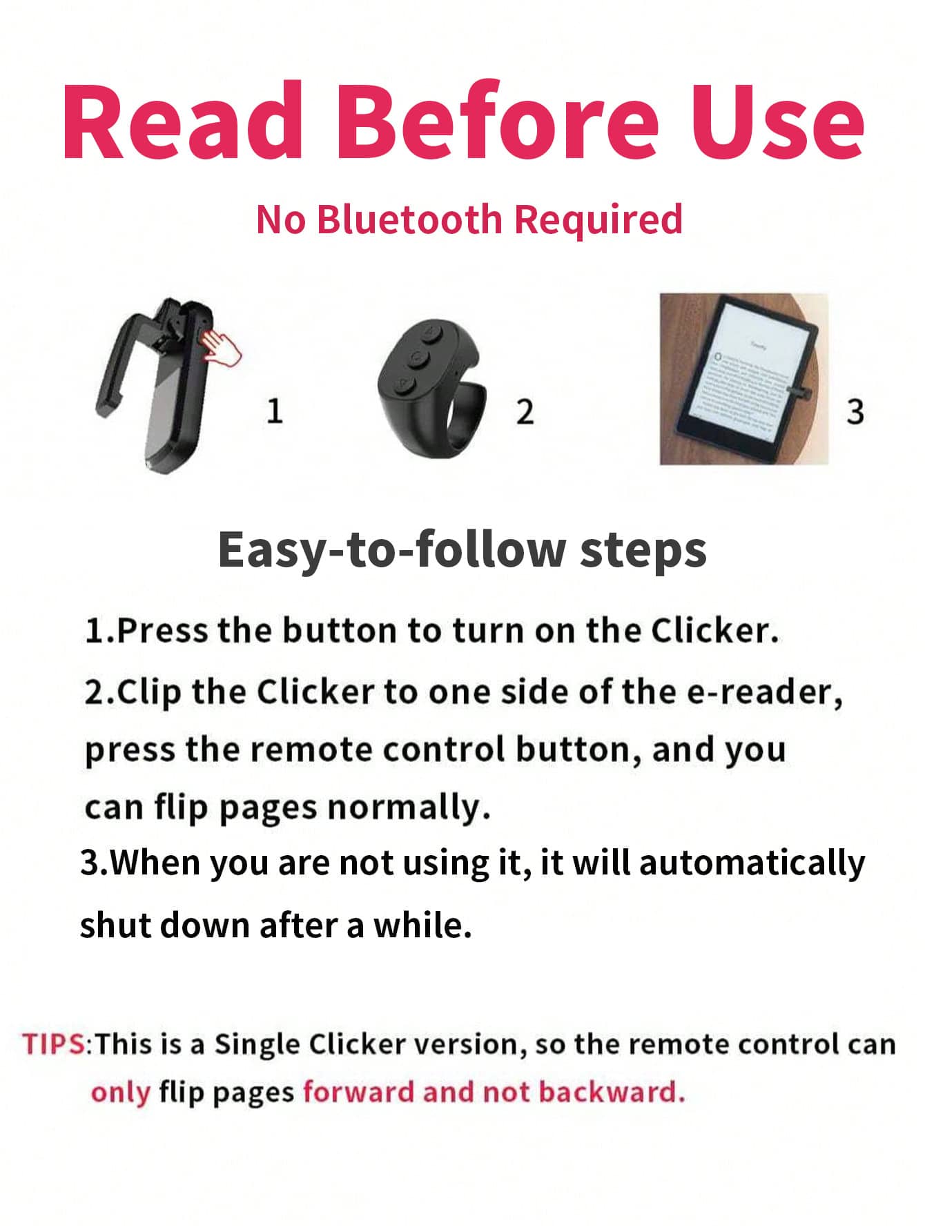 Wireless Remote Control Page Turner For Kindle, Rechargeable EBook Reader Clicker With Built-In Battery, Hands-Free Page Turner Remote Compatible With Kindle Paperwhite, Oasis, Scribe, Tablets