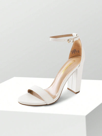 Women Chunky High Heeled Sandals, Fashionable Solid Color Ankle Strap Open Toe Party Dance Heels