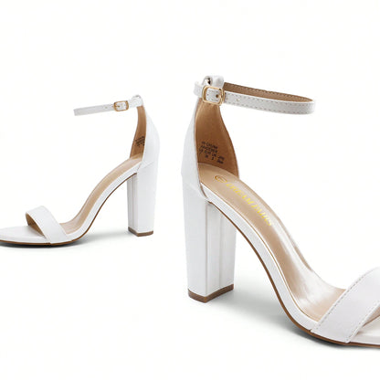 Women Chunky High Heeled Sandals, Fashionable Solid Color Ankle Strap Open Toe Party Dance Heels
