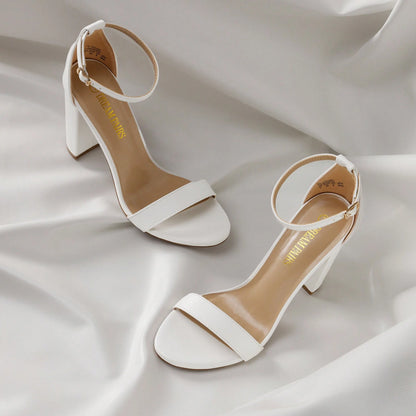 Women Chunky High Heeled Sandals, Fashionable Solid Color Ankle Strap Open Toe Party Dance Heels