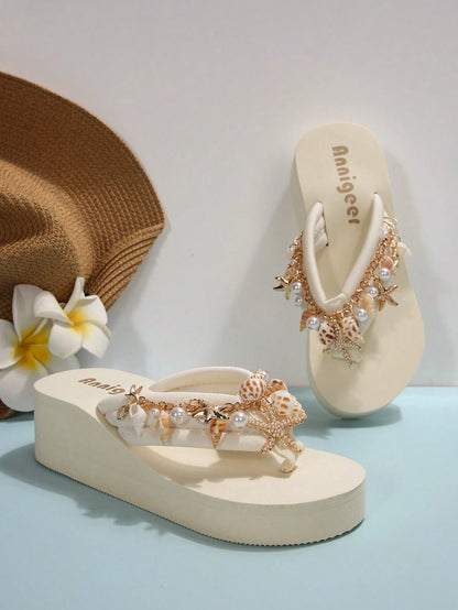 Women EVA Platform Wedge Slip-On Sandals, Bohemian Style Shell Chain Decor Beach Holiday Flip Flops, Spring/Summer,Travel Essential