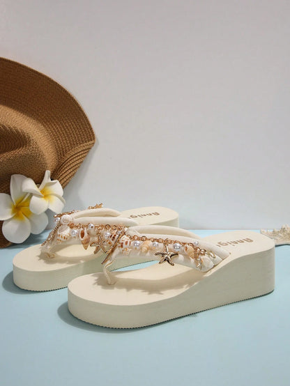 Women EVA Platform Wedge Slip-On Sandals, Bohemian Style Shell Chain Decor Beach Holiday Flip Flops, Spring/Summer,Travel Essential