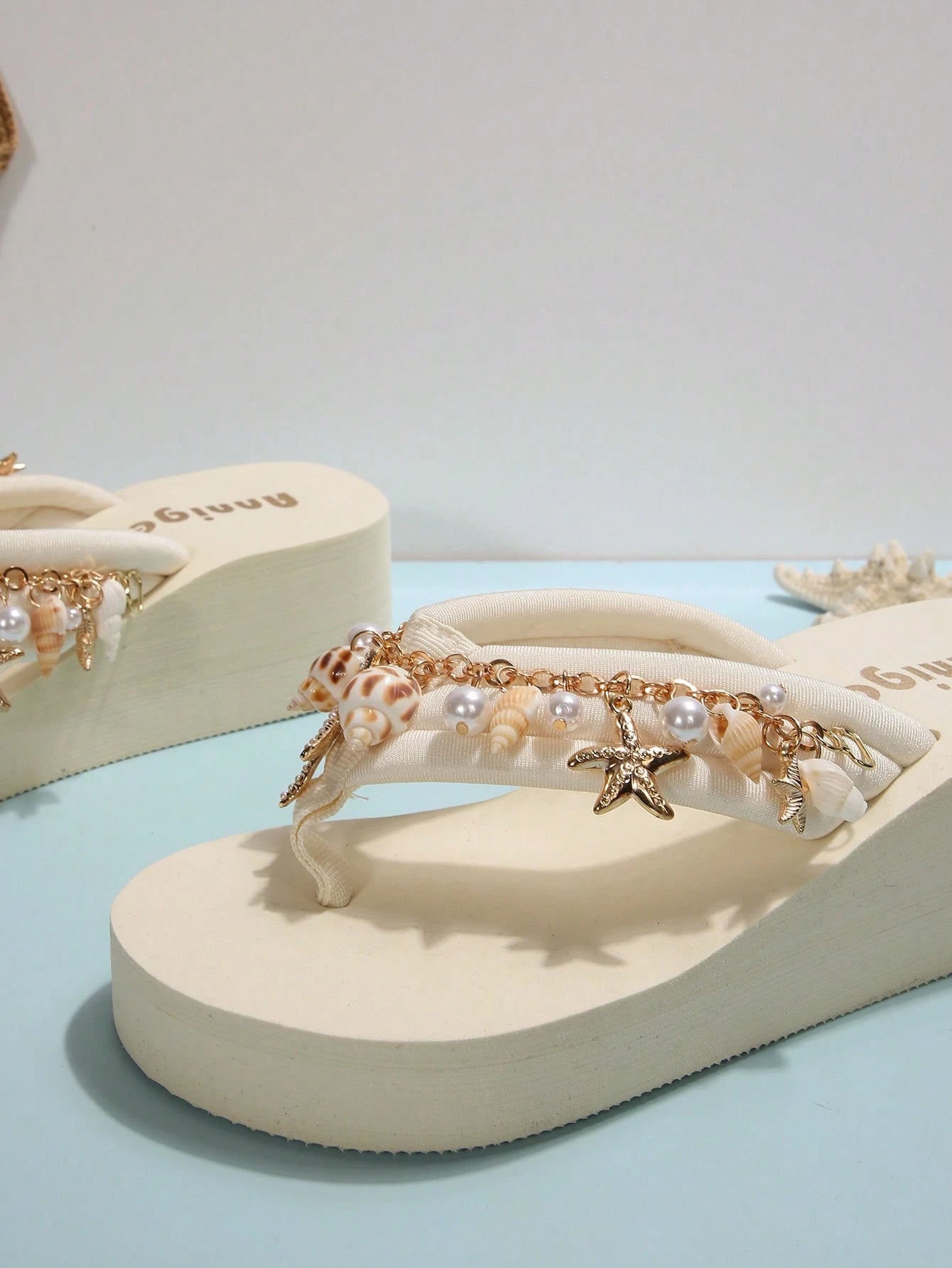 Women EVA Platform Wedge Slip-On Sandals, Bohemian Style Shell Chain Decor Beach Holiday Flip Flops, Spring/Summer,Travel Essential