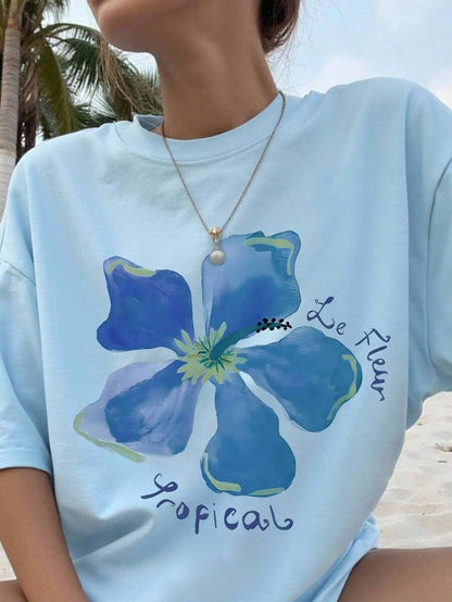 Women Floral Print Oversized Round Neck Drop Shoulder Casual T-Shirt,Vacation T-Shirts, Seaside T-Shirts, Casual Daily T-Shirts2026