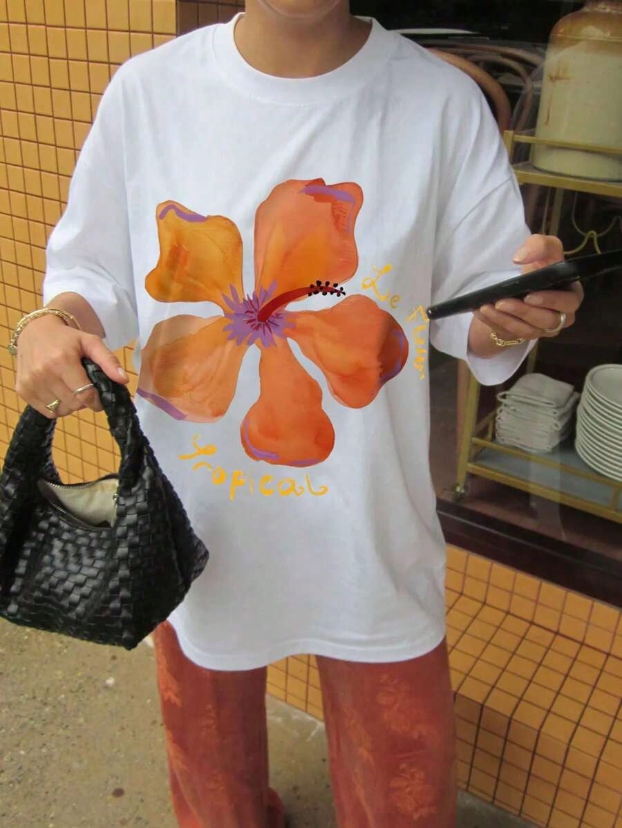Women Floral Print Oversized Round Neck Drop Shoulder Casual T-Shirt,Vacation T-Shirts, Seaside T-Shirts, Casual Daily T-Shirts2026