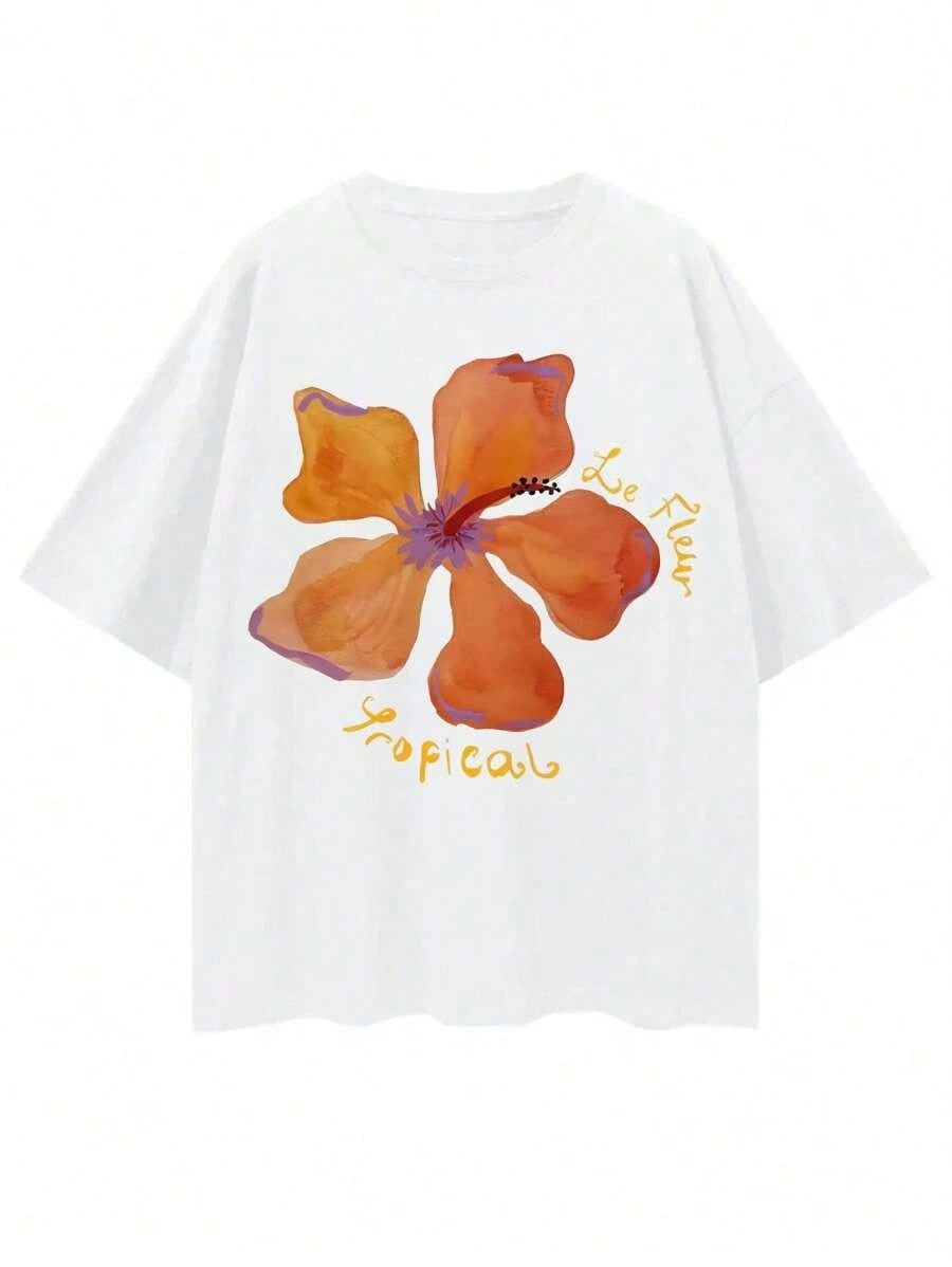 Women Floral Print Oversized Round Neck Drop Shoulder Casual T-Shirt,Vacation T-Shirts, Seaside T-Shirts, Casual Daily T-Shirts2026