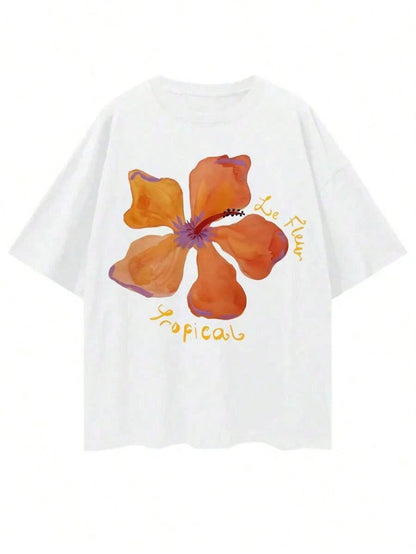 Women Floral Print Oversized Round Neck Drop Shoulder Casual T-Shirt,Vacation T-Shirts, Seaside T-Shirts, Casual Daily T-Shirts2026