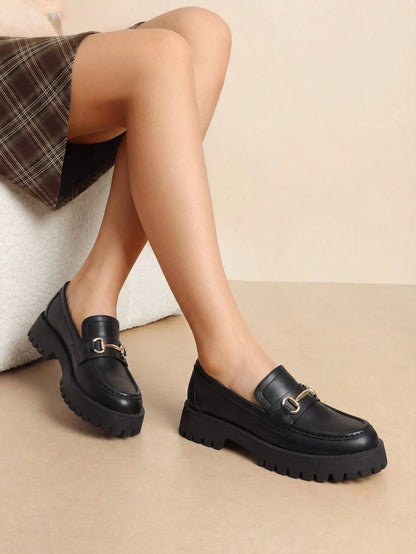 Women Loafers Platform Chunky Heel British Preppy Style Classic Versatile Thick Sole Casual Slip-On Loafers Shoes For Daily Commute