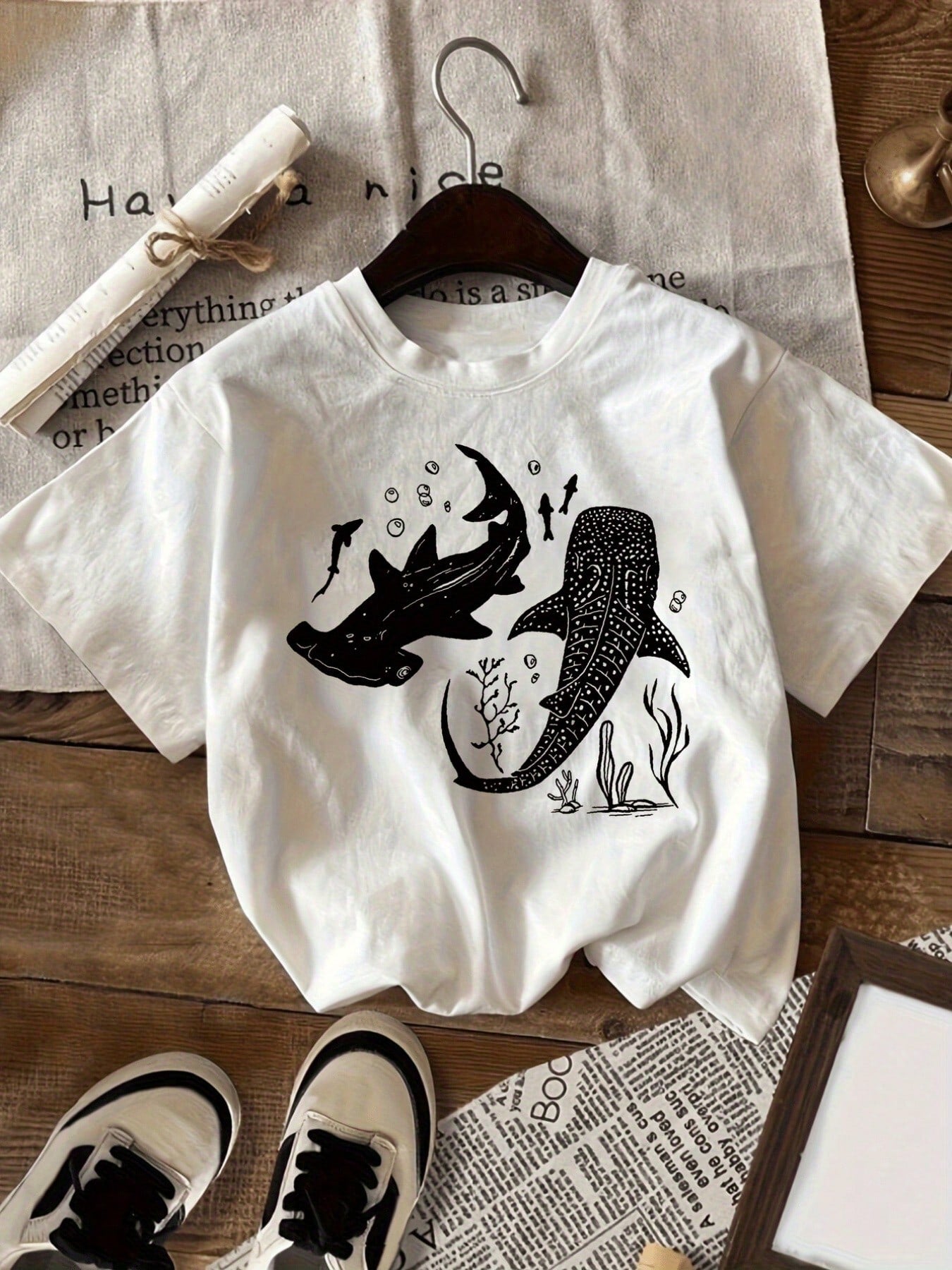 Women Marine Life Graphic T Shirt, Loose Short Sleeve, Black White Shark Whale Print, Breathable Ocean Theme Summer Beach Travel Top Plus Size
