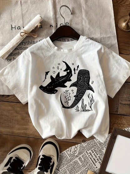 Women Marine Life Graphic T Shirt, Loose Short Sleeve, Black White Shark Whale Print, Breathable Ocean Theme Summer Beach Travel Top Plus Size