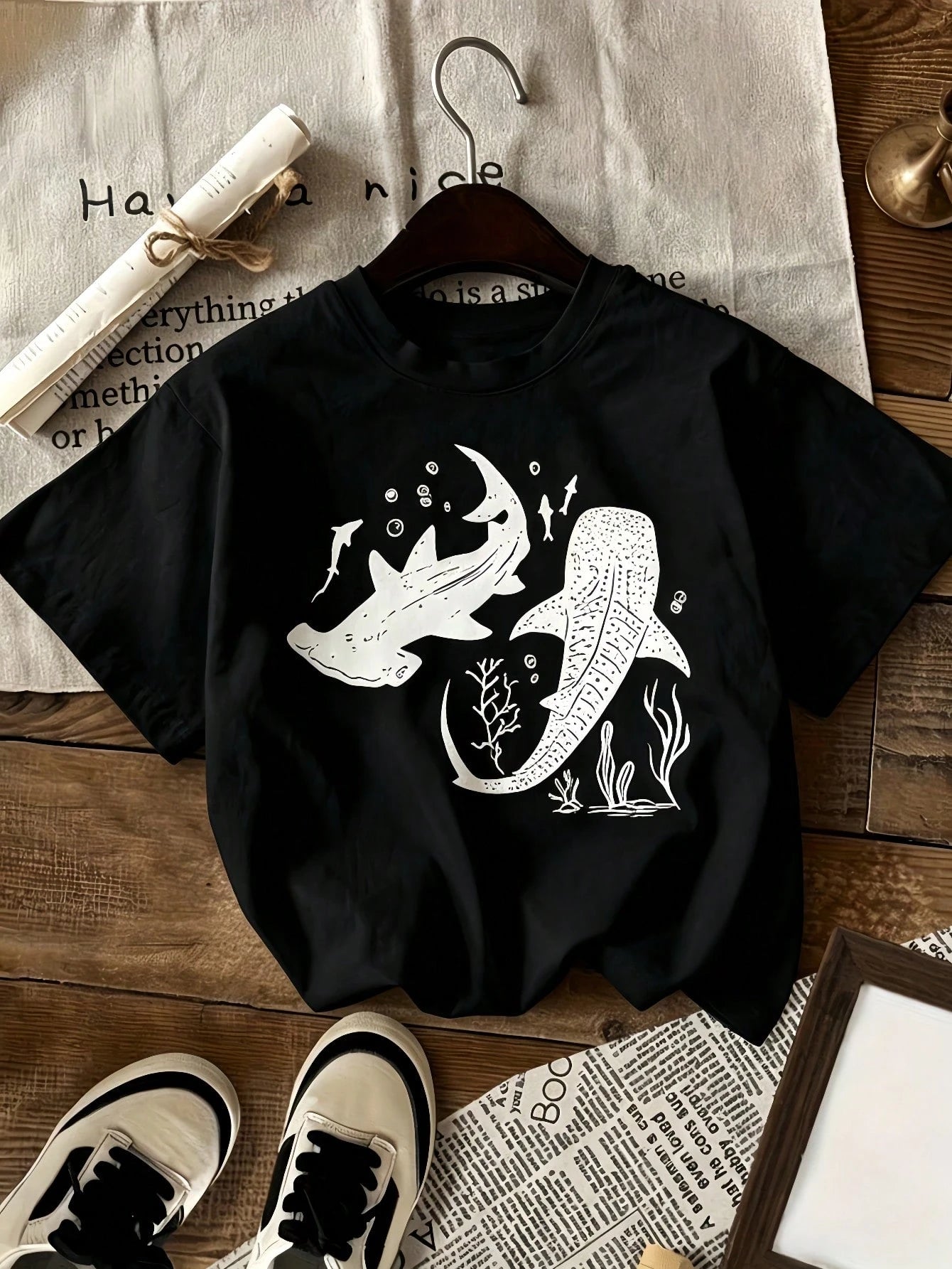 Women Marine Life Graphic T Shirt, Loose Short Sleeve, Black White Shark Whale Print, Breathable Ocean Theme Summer Beach Travel Top Plus Size