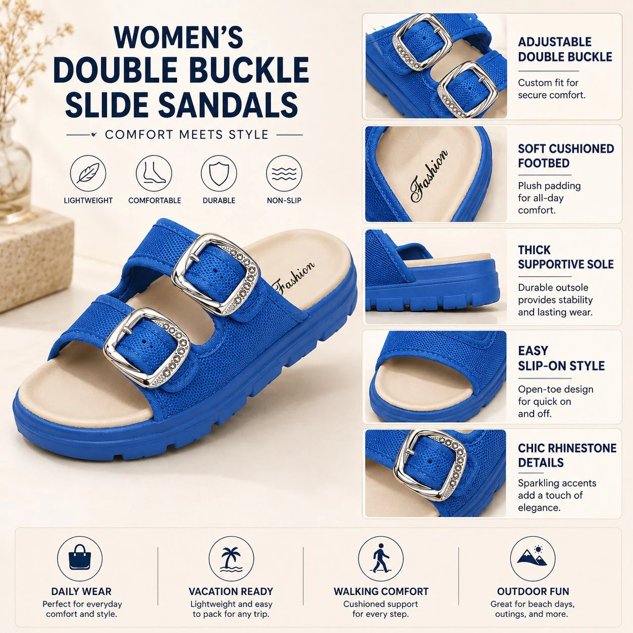 Women Platform Sandals, Adjustable Double Buckle Breathable Mesh Open Toe Slides, Non-Slip Comfort Color Block Flats, Ideal For Summer Beach Vacation, Indoor Daily Outdoor Wear, Available In Black, Gr