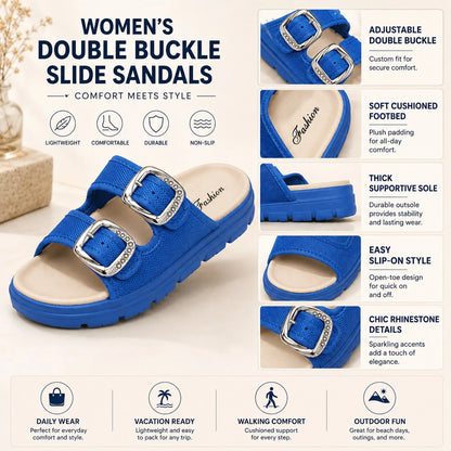 Women Platform Sandals, Adjustable Double Buckle Breathable Mesh Open Toe Slides, Non-Slip Comfort Color Block Flats, Ideal For Summer Beach Vacation, Indoor Daily Outdoor Wear, Available In Black, Gr