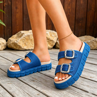 Women Platform Sandals, Adjustable Double Buckle Breathable Mesh Open Toe Slides, Non-Slip Comfort Color Block Flats, Ideal For Summer Beach Vacation, Indoor Daily Outdoor Wear, Available In Black, Gr