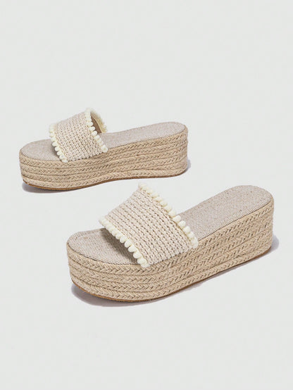 Women Pom Pom Trim Sandals, Vacation Summer Wedge Slide Sandals,Travel Essential