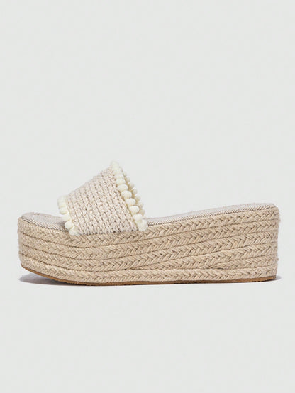 Women Pom Pom Trim Sandals, Vacation Summer Wedge Slide Sandals,Travel Essential