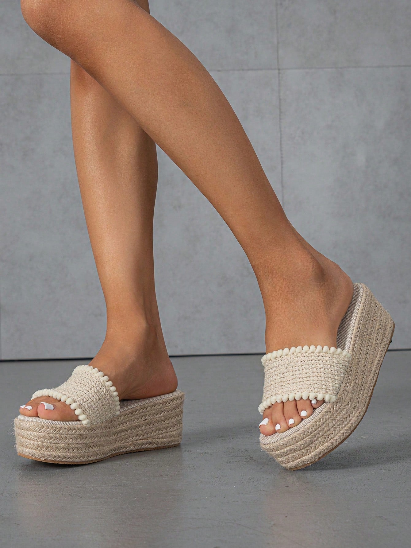 Women Pom Pom Trim Sandals, Vacation Summer Wedge Slide Sandals,Travel Essential